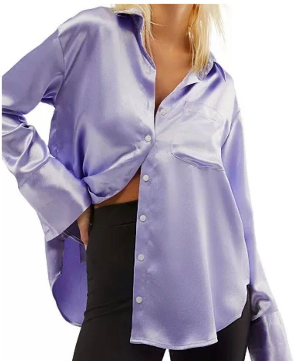 Free People Shooting For The Moon Satin Long Sleeve Button Top Women's S Purple